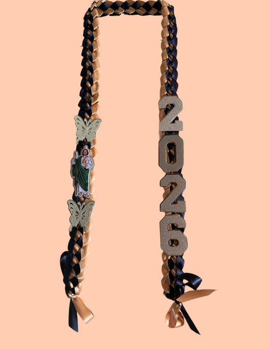 Class of 2026 Graduation Leis with butterflies and San Judas Tadeo topper