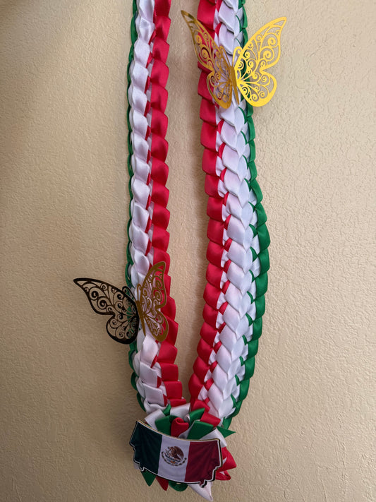 Mexican Graduation Leis with butterflies and Mexican Flag topper