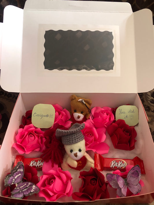 Class of 2025 Graduation Gift Box with origami flowers, mini teddy bears, and chocolates
