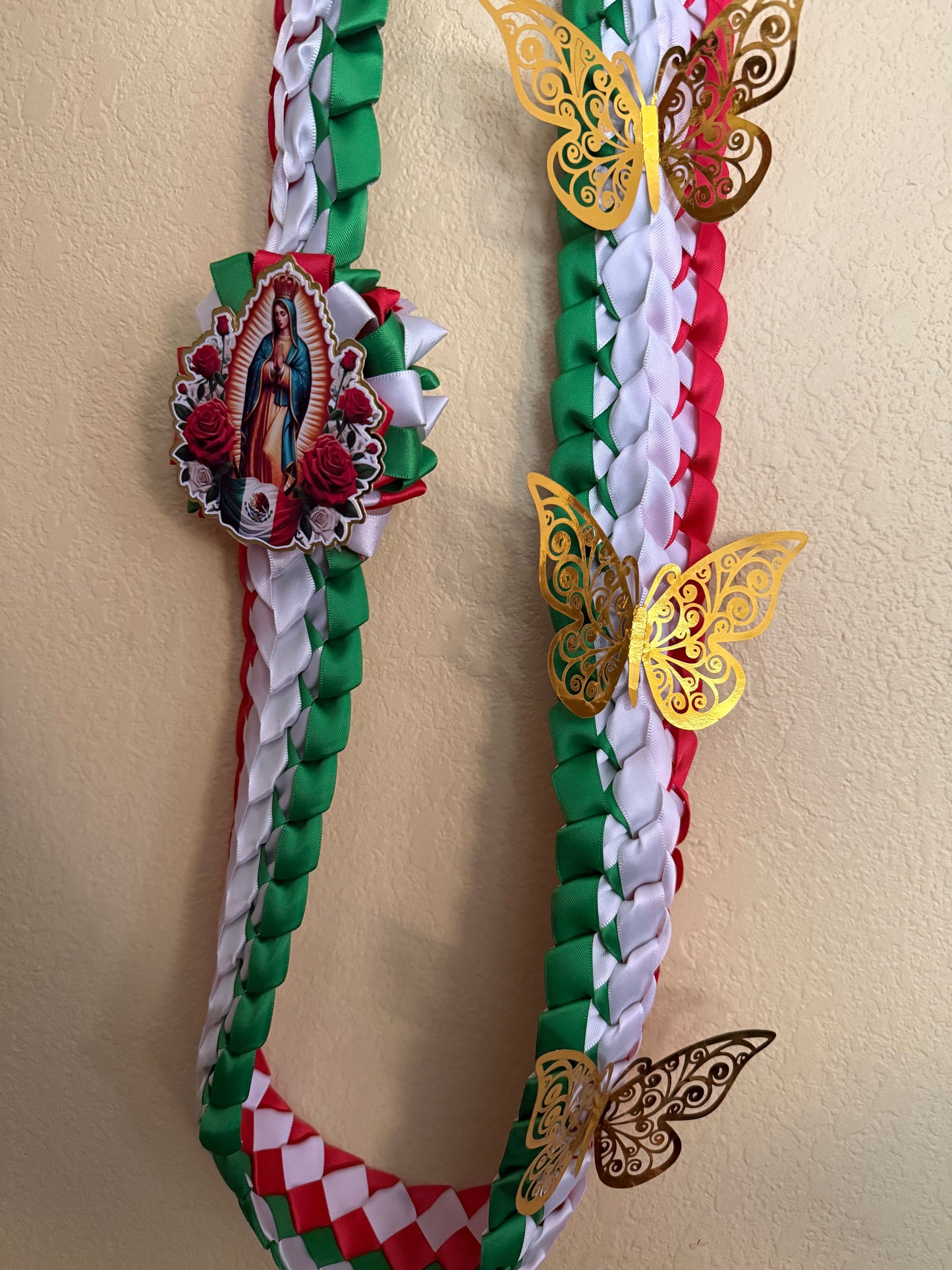 Mexican Graduation Leis with butterflies and Virgen de Guadalupe with Mexican flag topper