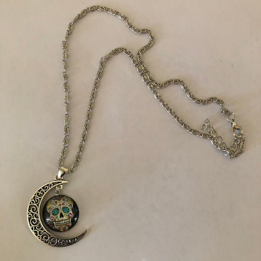 Día de Muertos Moon Mexican colorful skull Calavera necklace