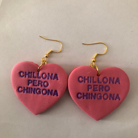 Chillona pero Chingona polymer clay heart-shaped earrings