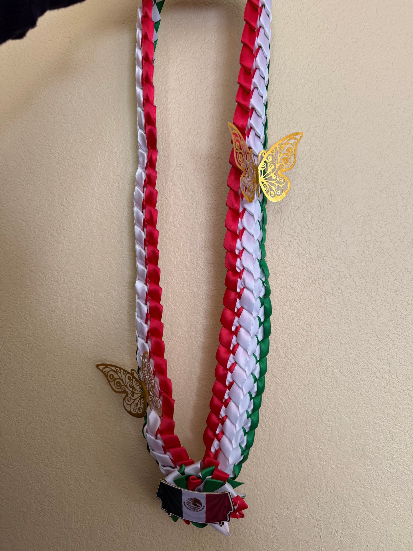 Mexican Graduation Leis with butterflies and Mexican Flag topper