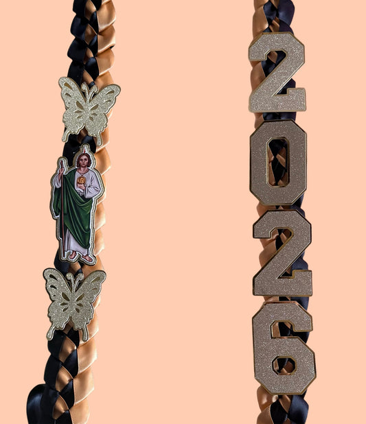 Class of 2026 Graduation Leis with butterflies and San Judas Tadeo topper