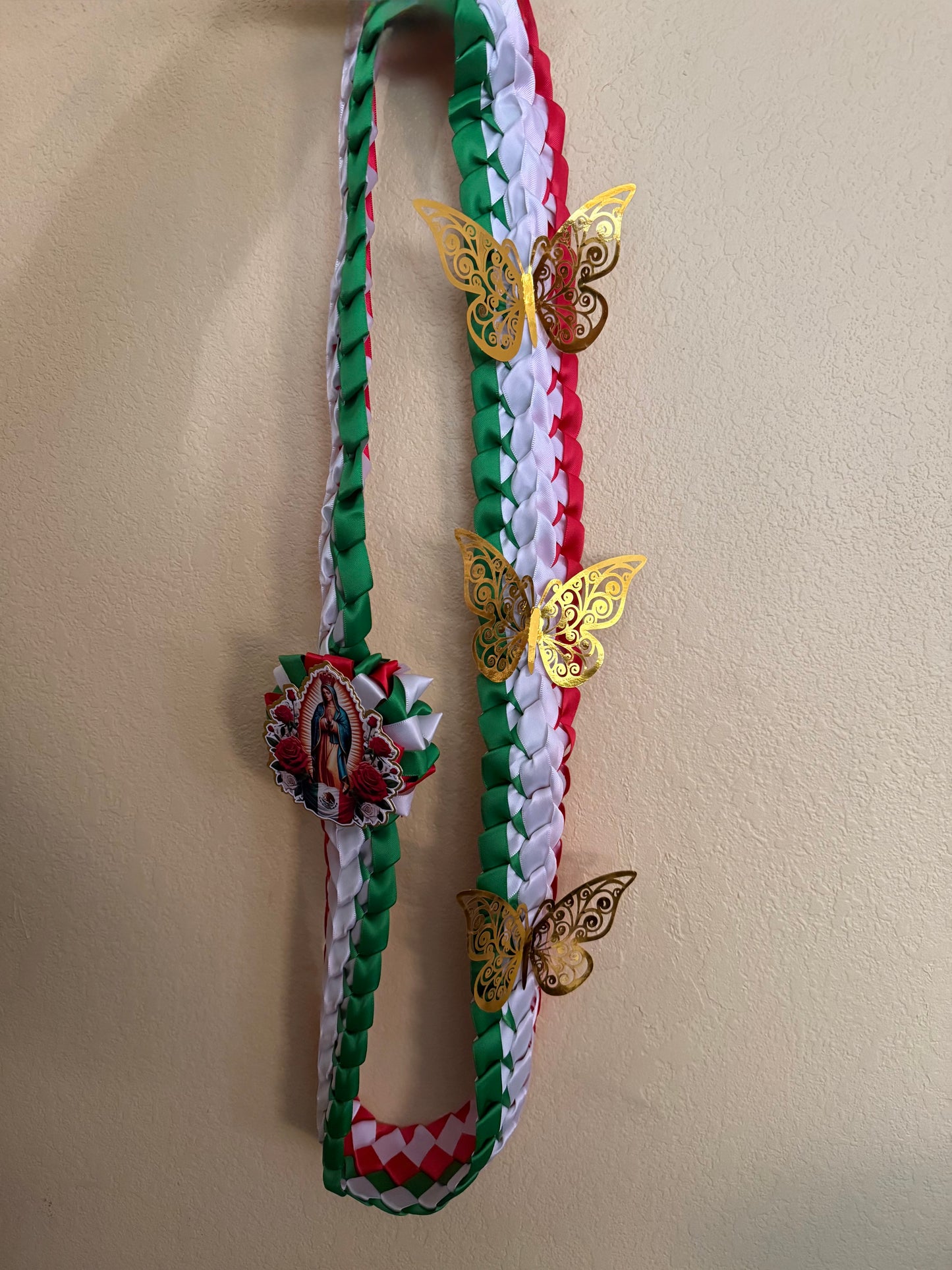 Mexican Graduation Leis with butterflies and Virgen de Guadalupe with Mexican flag topper