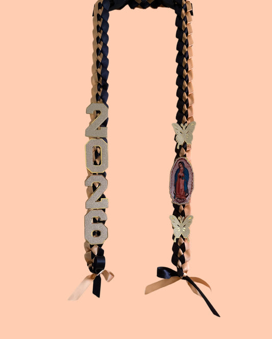 Class of 2026 Graduation Leis with butterflies and Virgen de Guadalupe topper